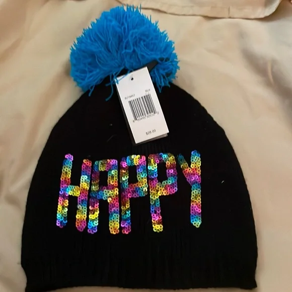 NWT black knitted cap with blue pom pom and Sequined HAPPY - Picture 1 of 4